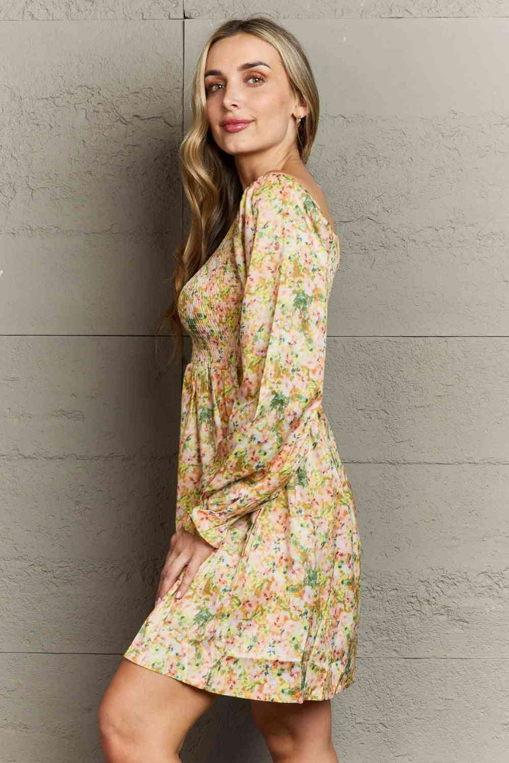 Floral Smocked Square Neck Dress |1mrk.com