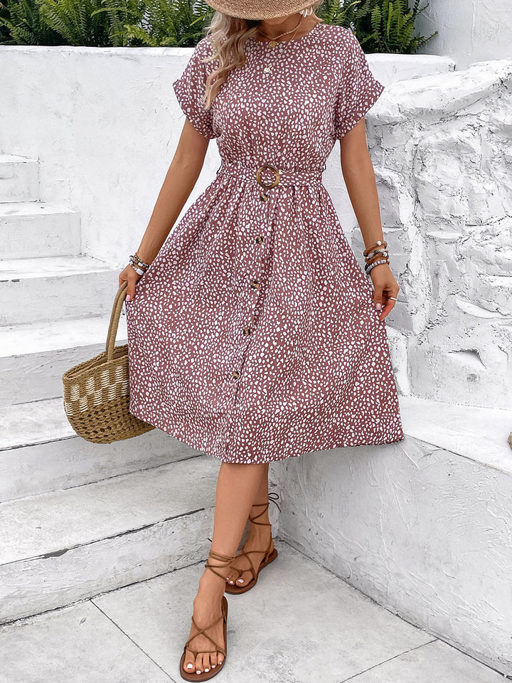 Printed Round Neck Short Sleeve Dress | Trendsi