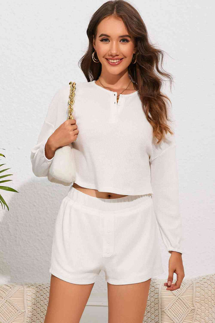 Round Neck Dropped Shoulder Top and Shorts Lounge Set | 1mrk.com