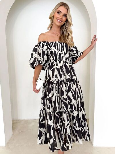 Printed Smocked Off-Shoulder Tiered Dress |1mrk.com