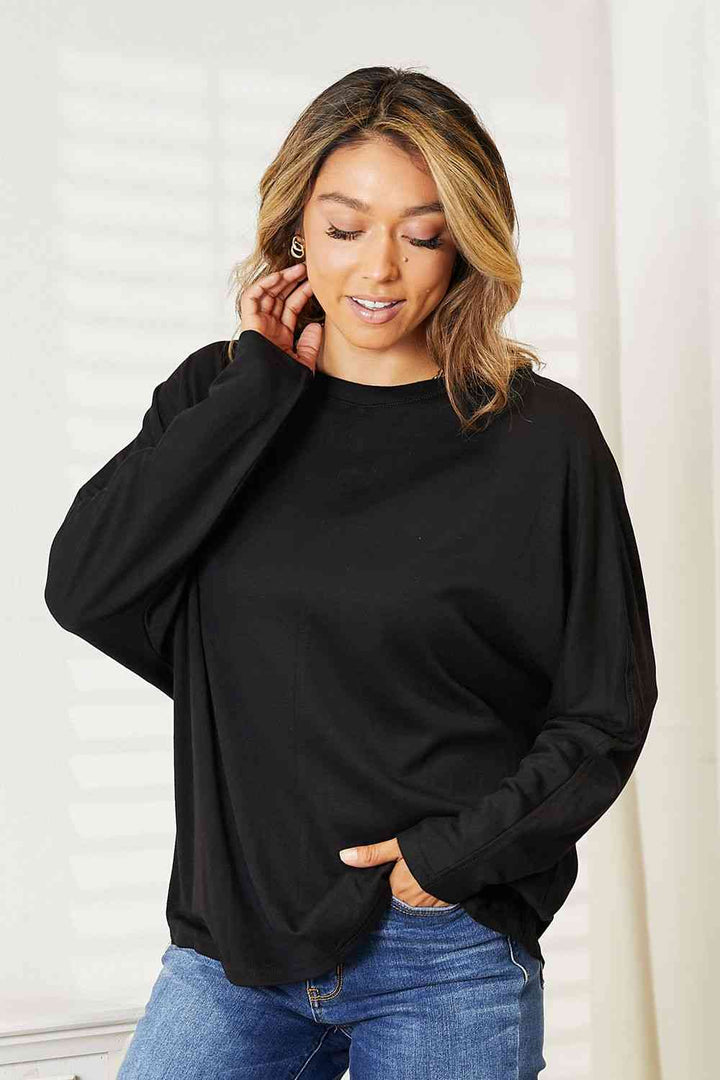 Double Take Seam Detail Round Neck Long Sleeve Top | 1mrk.com