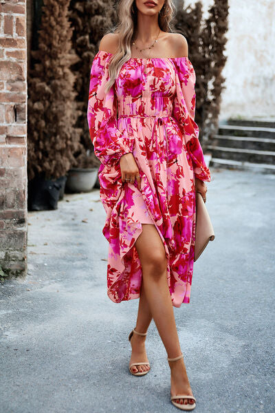 Printed Balloon Sleeve Pocketed Midi Dress |1mrk.com