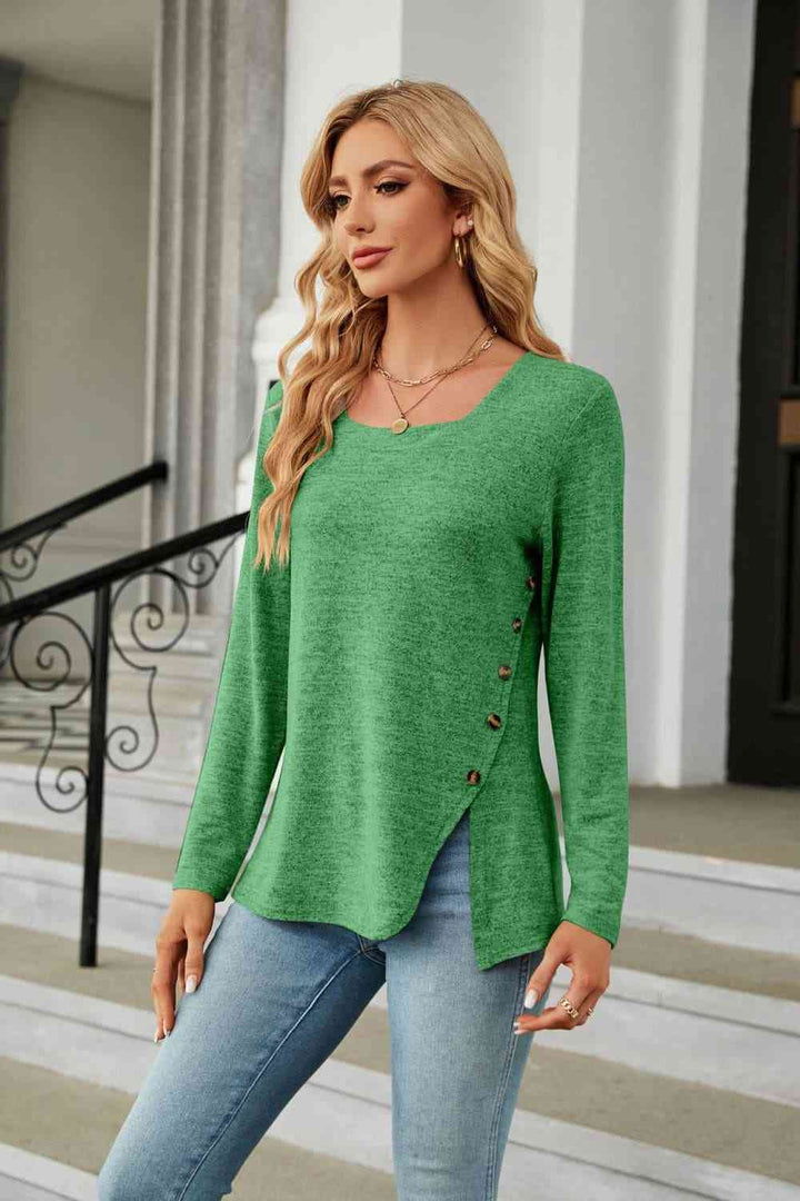 Square Neck Long Sleeve Slit T-Shirt | 1mrk.com