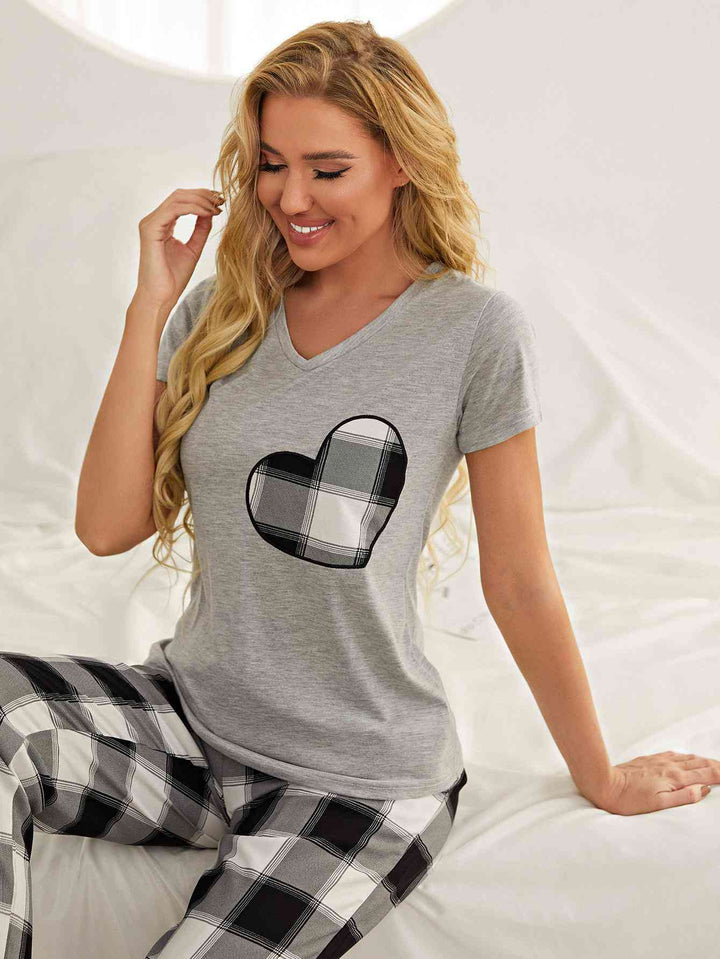 Plaid Heart Tee and Pants Lounge Set with Pockets | 1mrk.com