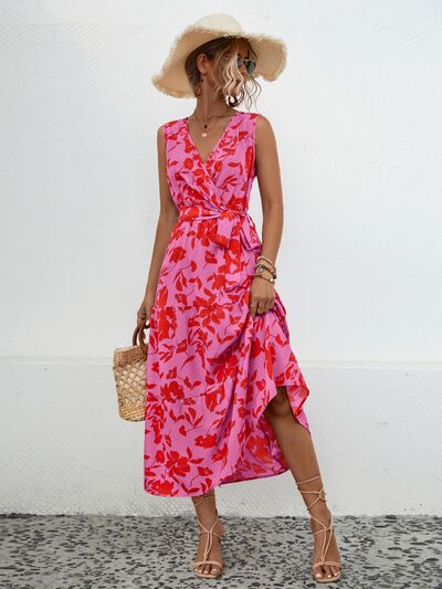 Tied Printed Surplice Tiered Dress |1mrk.com