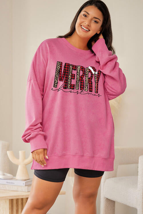 Plus Size MERRY CHRISTMAS Round Neck Slit Sweatshirt |1mrk.com