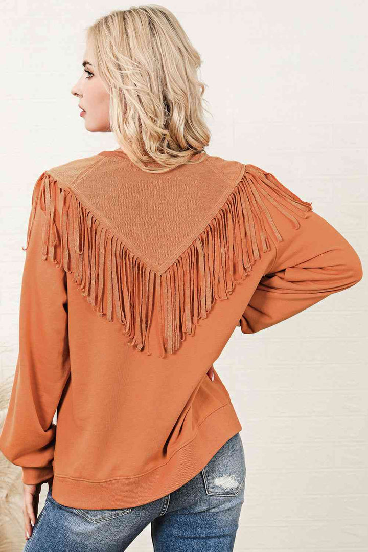 Fringe Trim Round Neck Sweatshirt |1mrk.com