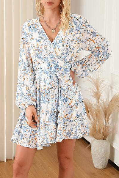 Printed Surplice Balloon Sleeve Mini Dress |1mrk.com