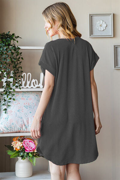 Heimish Full Size Ribbed Round Neck Short Sleeve Tee Dress |1mrk.com