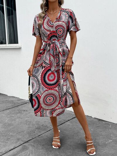 Slit Tied Printed Surplice Dress |1mrk.com