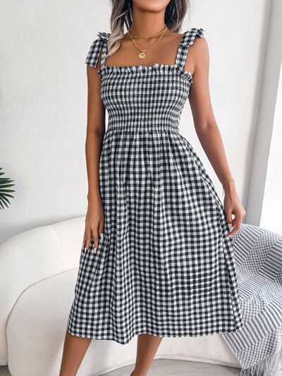 Frill Plaid Square Neck Midi Dress |1mrk.com