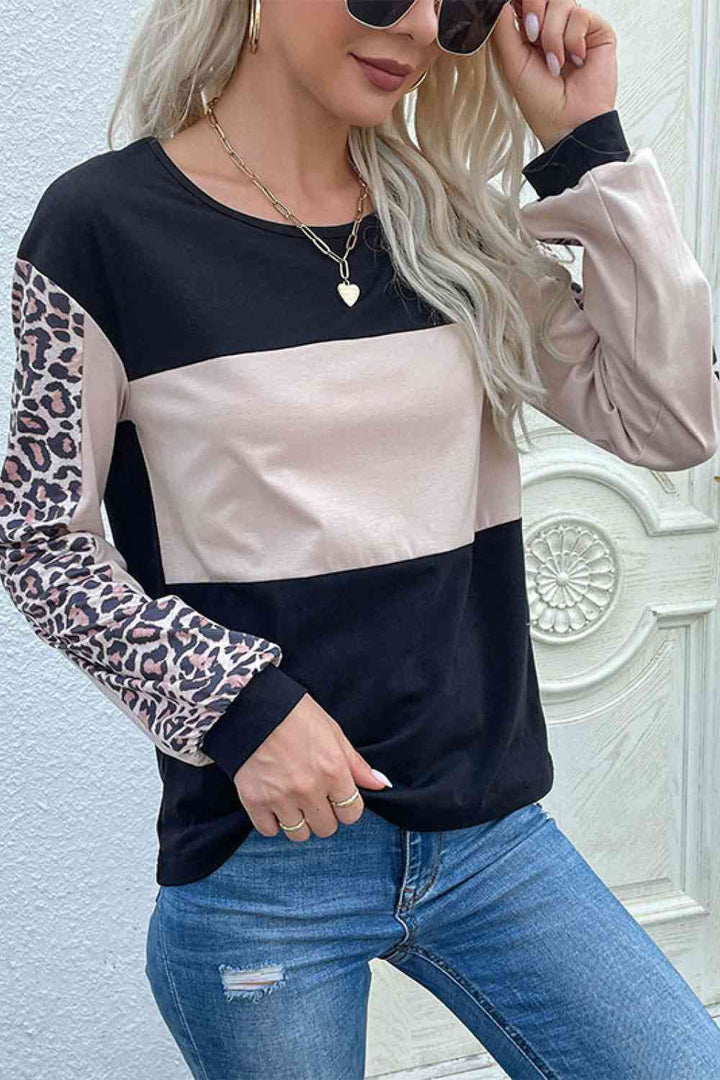 Leopard Color Block Long Sleeve Sweatshirt |1mrk.com