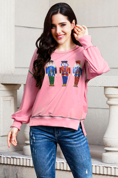 Sequin Nutcracker Round Neck Slit Sweatshirt |1mrk.com