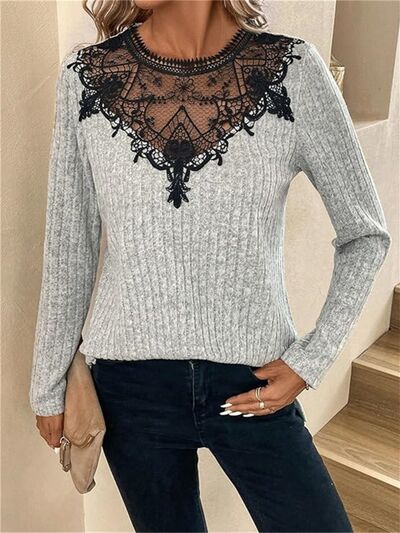 Lace Detail Ribbed Long Sleeve Knit Top |1mrk.com