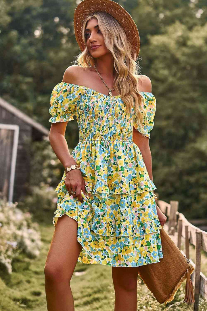 Smocked Sweetheart Neck Flounce Sleeve Mini Dress |1mrk.com