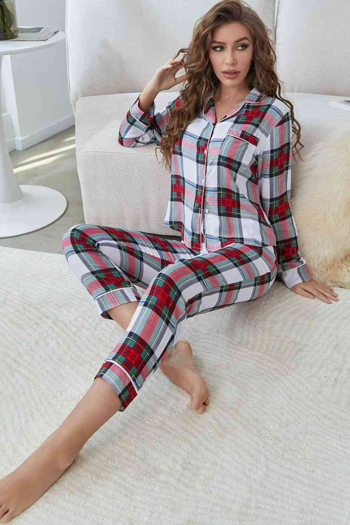 Plaid Button Front Top and Pants Lounge Set | 1mrk.com