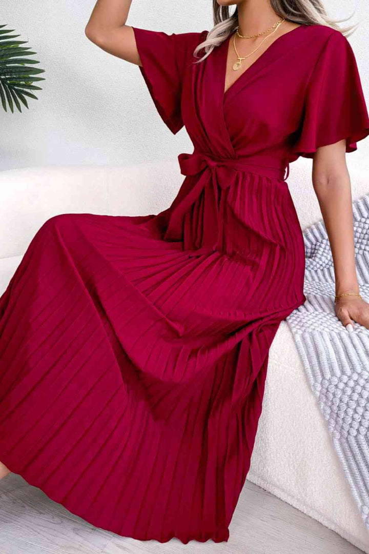 Pleated Flutter Sleeve Belted Dress | 1mrk.com