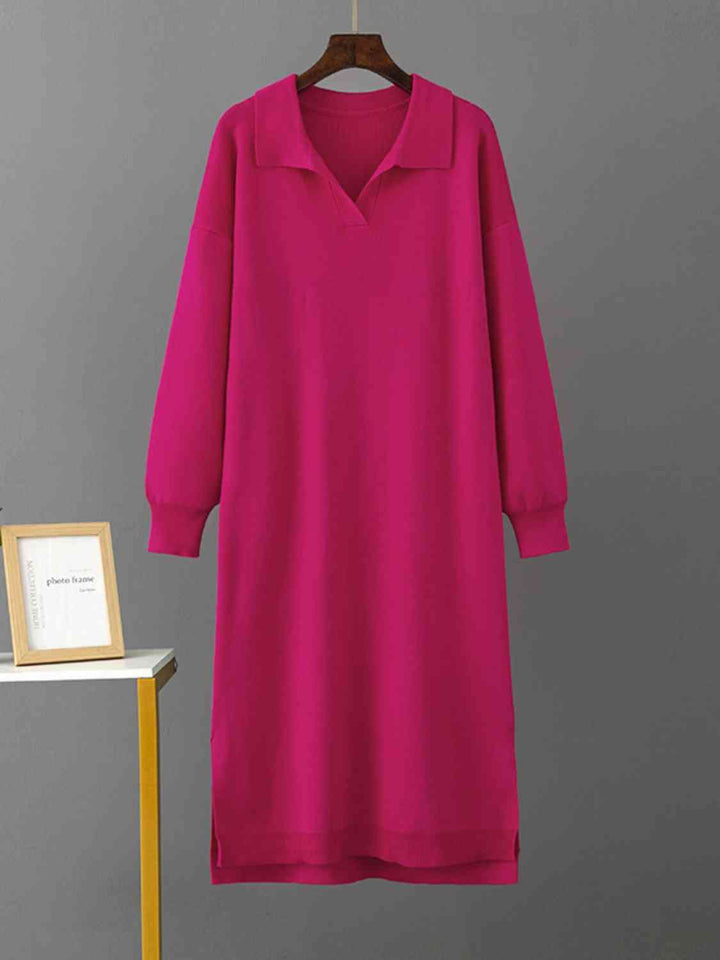 Johnny Collar Long Sleeve Slit Sweater Dress |1mrk.com