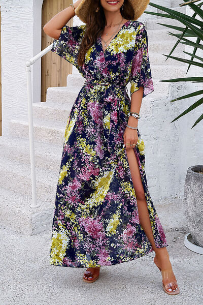 Printed Tied Half Sleeve Slit Dress |1mrk.com