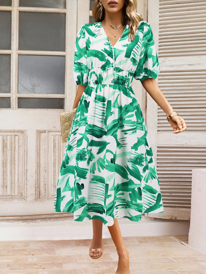 Ruched Printed Surplice Short Sleeve Dress | Trendsi