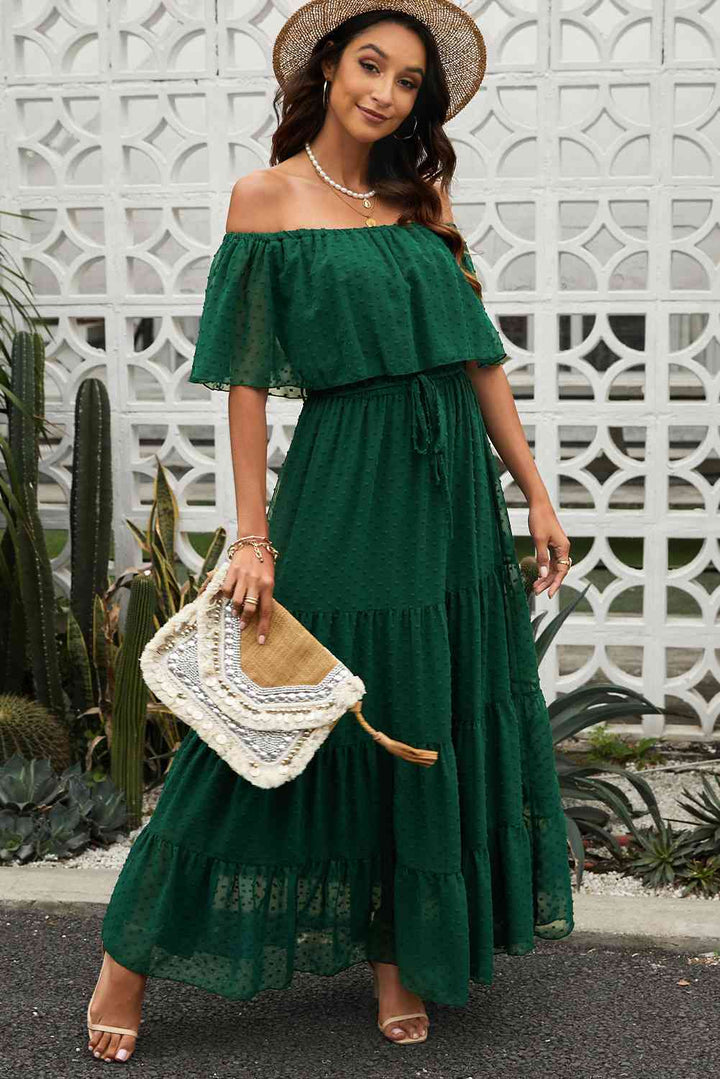 Swiss Dot Off-Shoulder Tiered Maxi Dress |1mrk.com