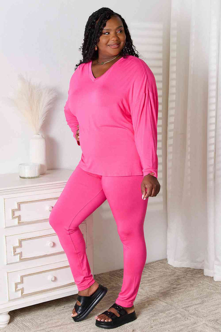 Basic Bae Full Size V-Neck Soft Rayon Long Sleeve Top and Pants Lounge Set | 1mrk.com