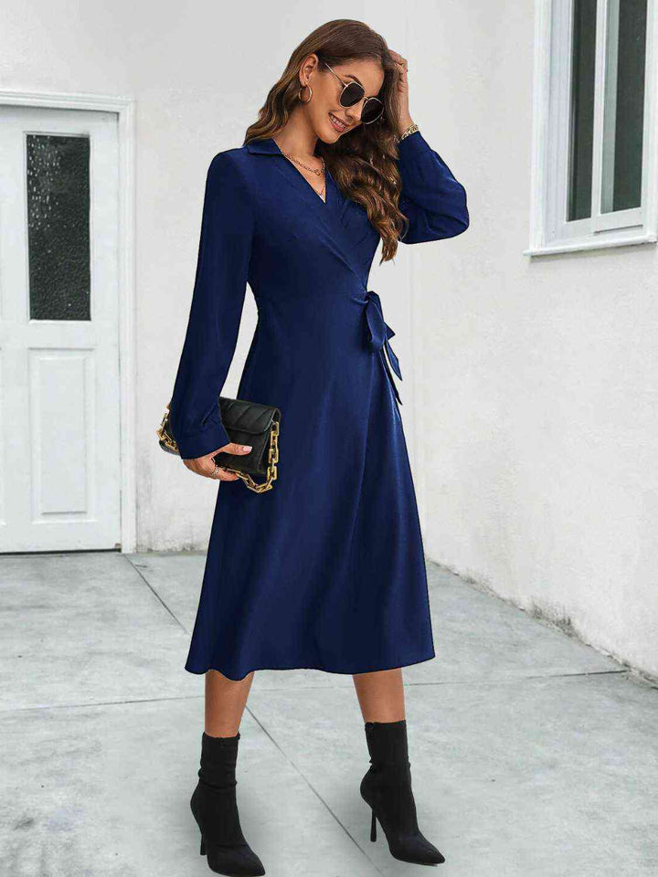 Collared Tied Long Sleeve Dress |1mrk.com