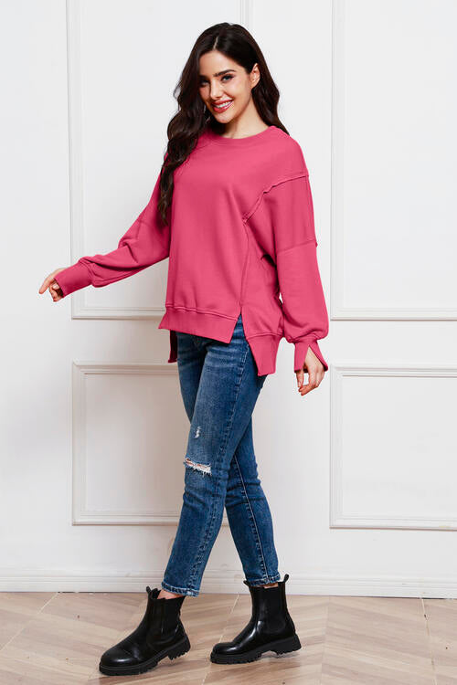 Exposed Seam Long Sleeve Slit Sweatshirt |1mrk.com