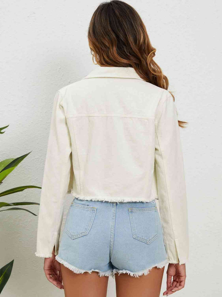 Collared Neck Raw Hem Denim Jacket | 1mrk.com