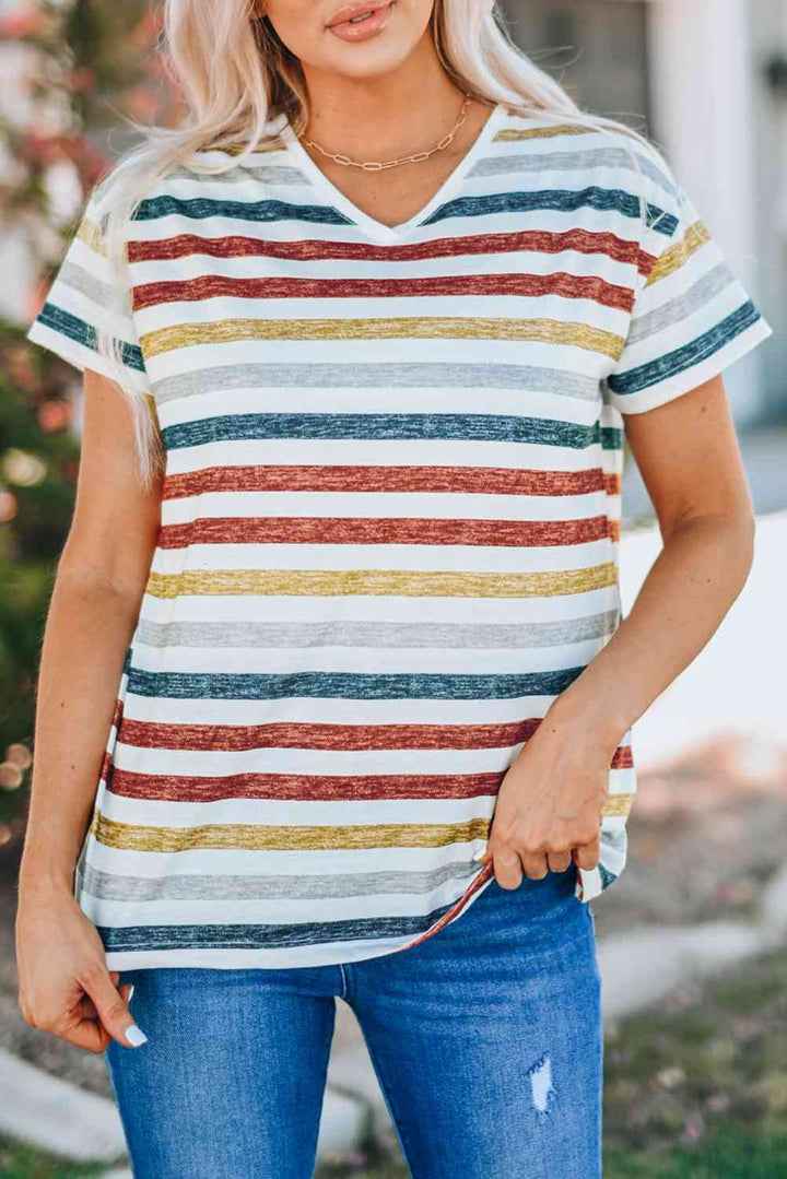 Striped V-Neck Short Sleeve Tee | 1mrk.com