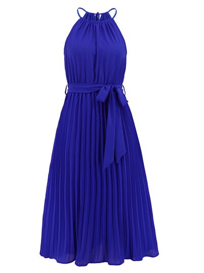 Pleated Spaghetti Strap Tie Waist Midi Dress |1mrk.com