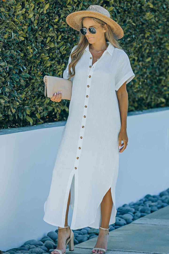 Textured Button Down Slit Shirt Dress | 1mrk.com