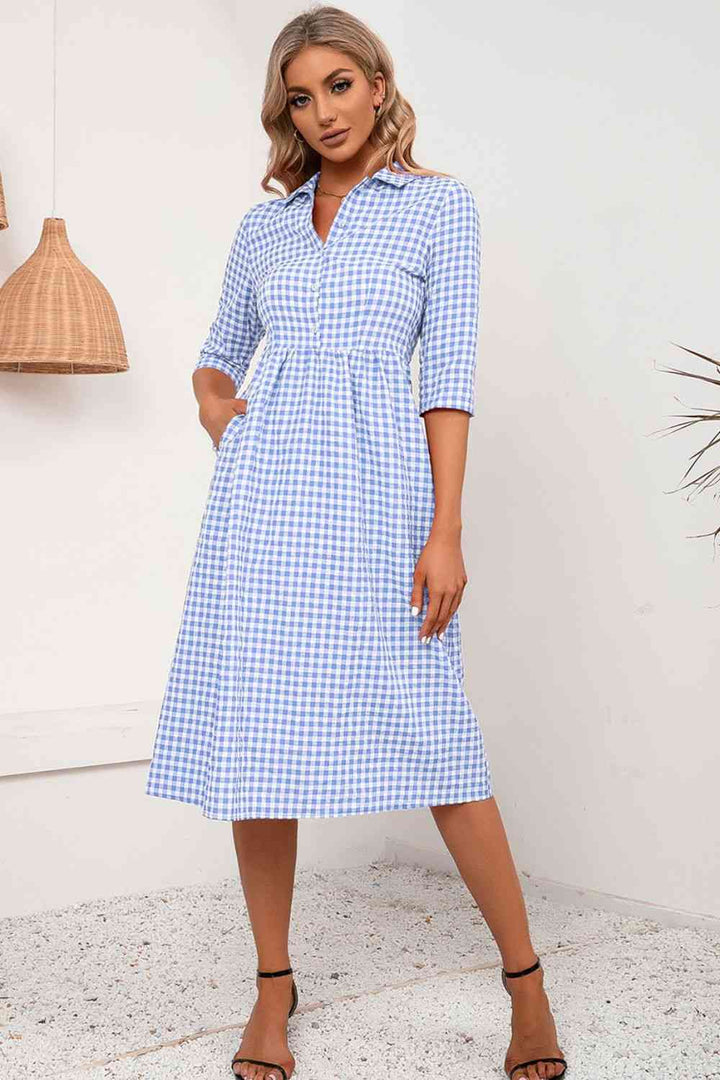 Plaid Collared Neck Midi Dress |1mrk.com