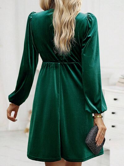 Ruched Square Neck Balloon Sleeve Dress |1mrk.com