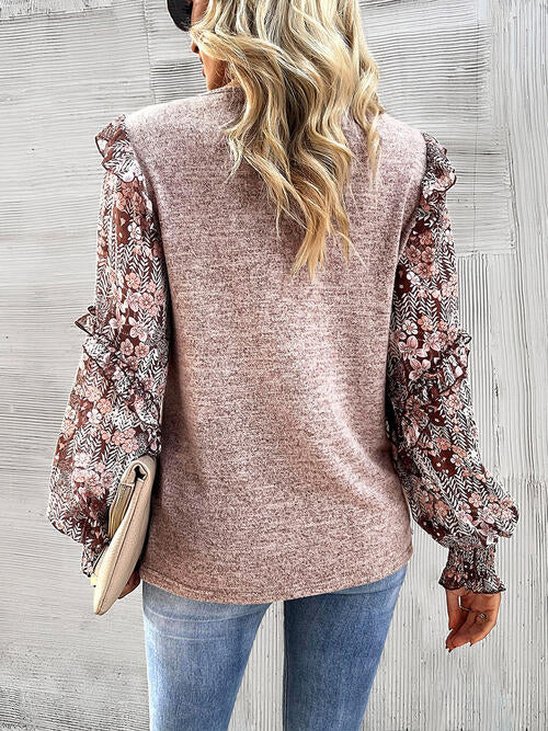 Round Neck Contrasting Color Printed Lantern Sleeve Top | 1mrk.com