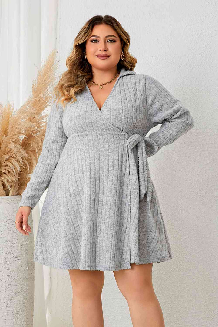 Plus Size Collared Neck Long Sleeve Tied Dress |1mrk.com