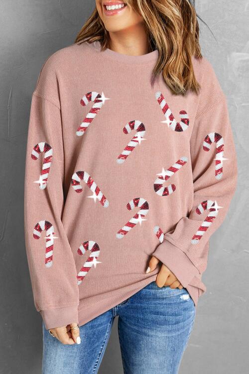 Sequin Candy Cane Round Neck Sweatshirt |1mrk.com