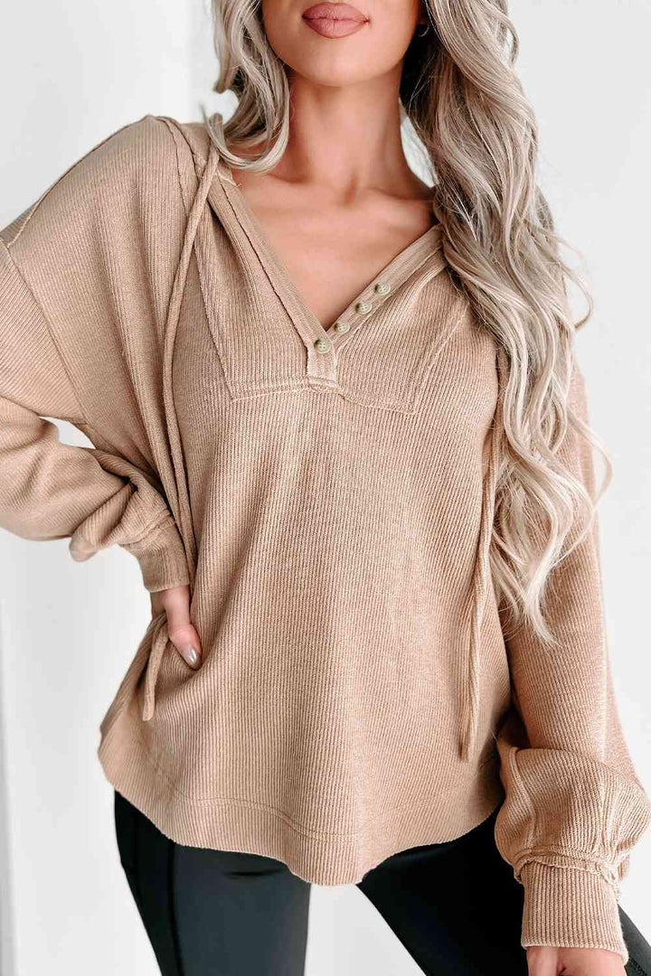 Buttoned Drop Shoulder Drawstring Hoodie |1mrk.com