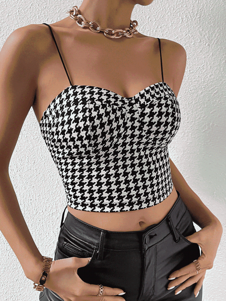 Cropped Sweetheart Neck Houndstooth Pattern Cami | 1mrk.com
