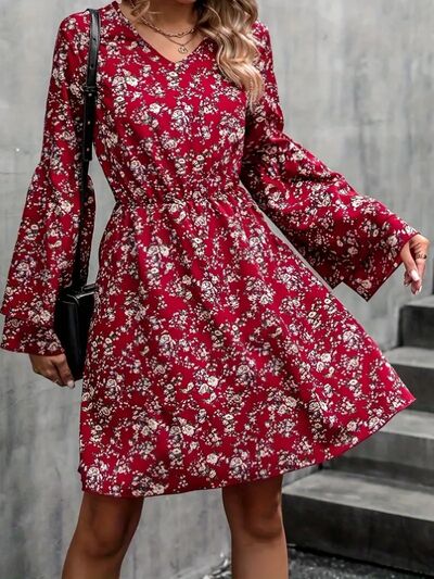 Printed V-Neck Long Sleeve Mini Dress | Trendsi