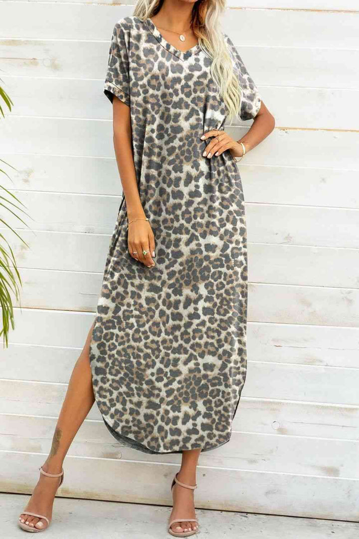 Printed V-Neck Curved Hem Dress |1mrk.com