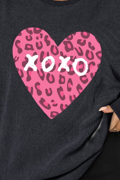 Plus Size XOXO Heart Round Neck Long Sleeve Sweatshirt | Trendsi