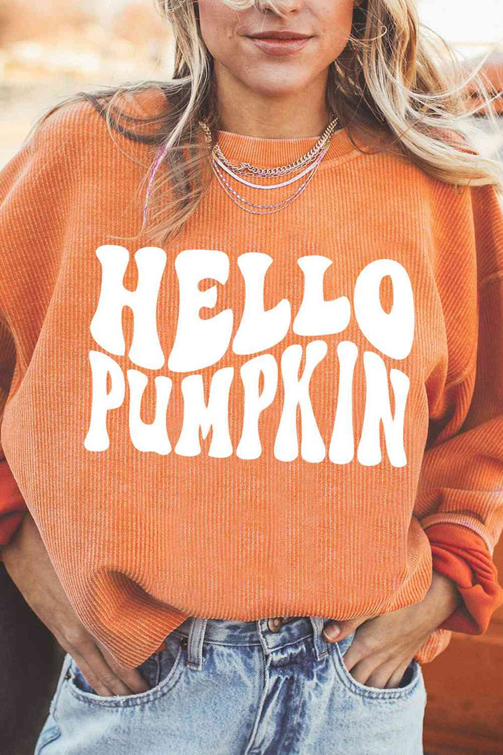 Round Neck Dropped Shoulder HELLO PUMPKIN Graphic Sweatshirt |1mrk.com