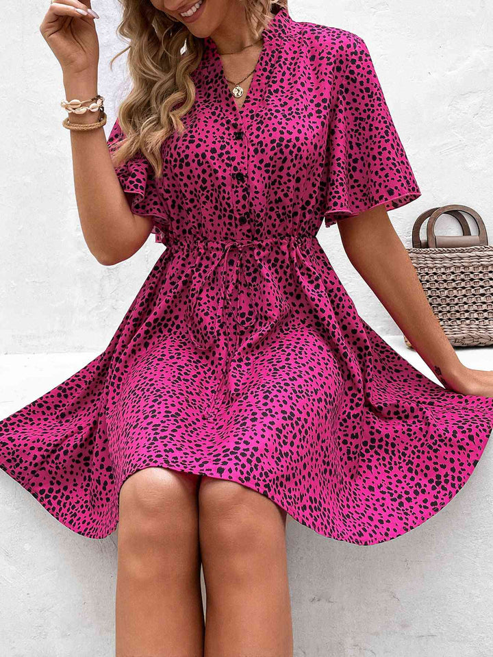 Printed Drawstring Waist Flutter Sleeve Dress |1mrk.com