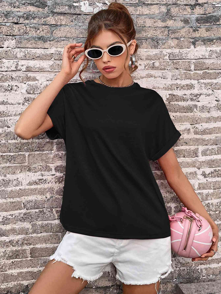 Round Neck Cuffed Sleeve T-Shirt | 1mrk.com