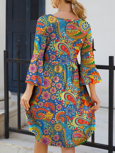 Paisley Print Round Neck Three-Quarter Sleeve Dress |1mrk.com