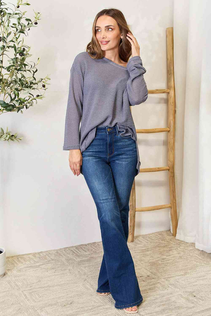 Basic Bae Waffle-Knit Round Neck Long Sleeve Slit Sweatshirt |1mrk.com