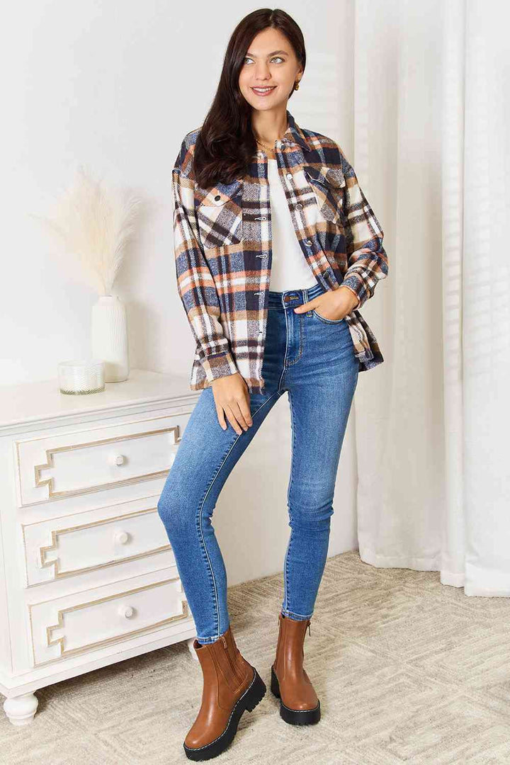 Double Take Plaid Button Front Shirt Jacket with Breast Pockets |1mrk.com