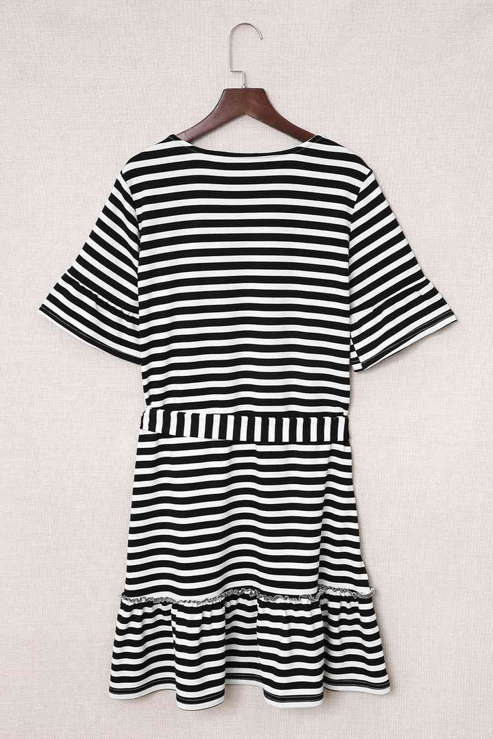 Striped Tie-Waist Frill Trim V-Neck Dress |1mrk.com