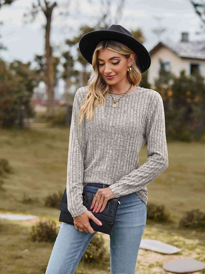 Ribbed Round Neck Long Sleeve Tee | 1mrk.com